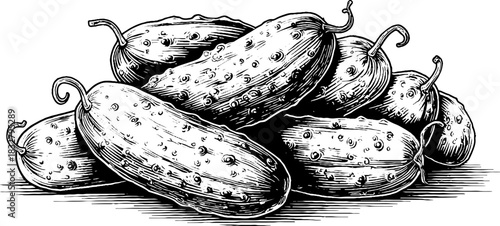 Vintage engraved illustration of decorative cucumber group design for print