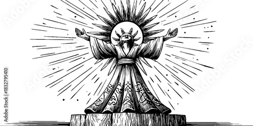 Guardian sun deity illustration in vintage engraved style for decorative art