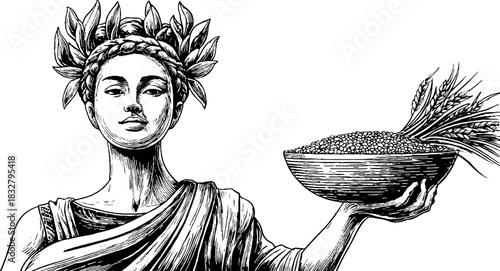 Decorative engraving of harvest goddess statue holding grain bowl for autumn themed designs