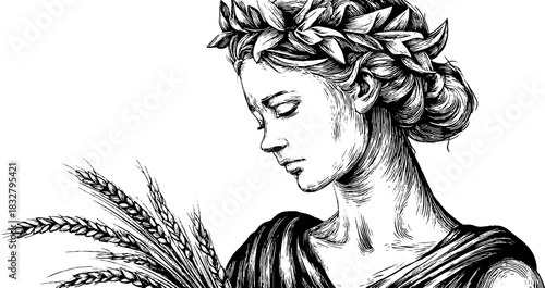 Vintage decorative illustration of a harvest goddess with wheat for retro design