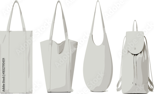 Set of Modern Minimalist Shopping Bags Tote Bag Hobo Bag and Drawstring Backpack Casual Accessories Fashion Mockup Vector