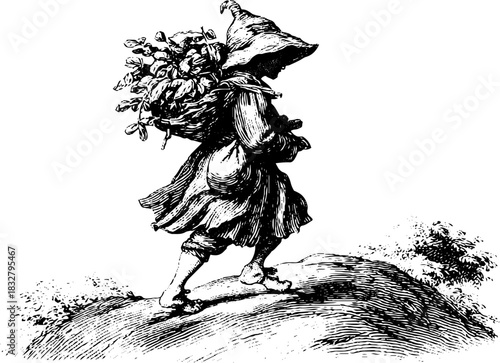 Vintage herbal gathering on hillside - engraved decorative sketch for retro design