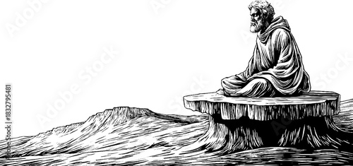 Engraved illustration of a hermit meditating on hillside for spiritual retreat design