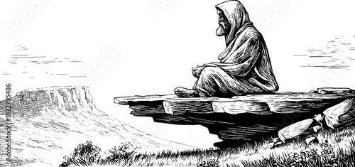Meditating hermit on hillside - vintage engraved illustration for spiritual retreat design