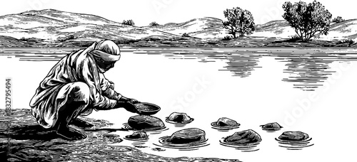 Lakeside gatherer engraving – vintage decorative sketch – nature scene for wall art