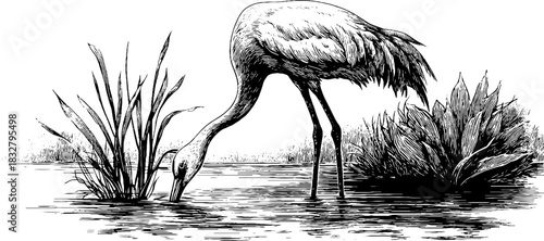 Vintage hand-drawn lakeshore wader silhouette for retro design