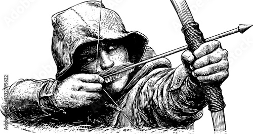 Medieval archer in hooded cloak drawing for historical design and decor