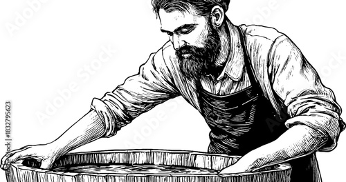 Medieval brewing process: engraved decorative illustration of brewer stirring