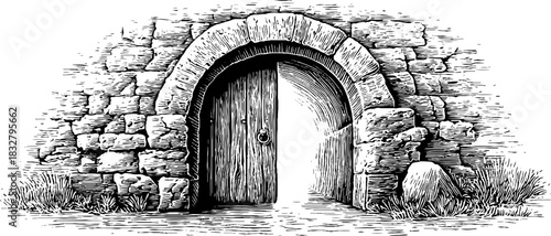 Medieval courtyard arch with open wooden door - decorative engraved illustration