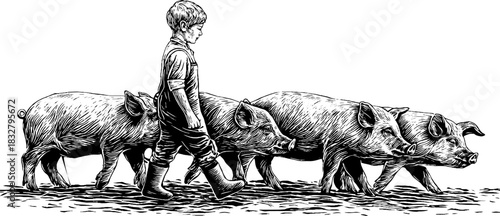 Medieval farm scene with boy and pigs in decorative engraving style
