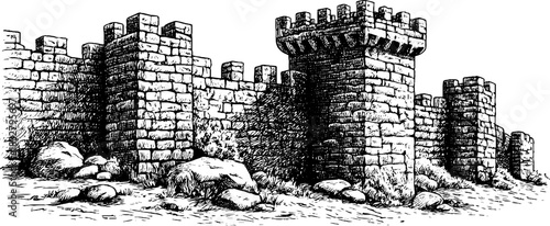 Engraved decorative medieval fortified wall illustration for historical design and decor