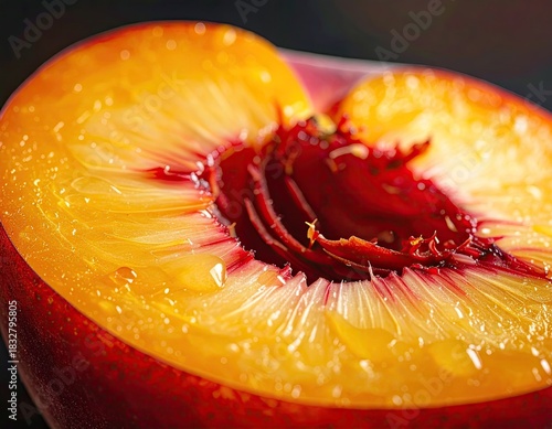 Halved ripe peach with pit close up, vibrant colors