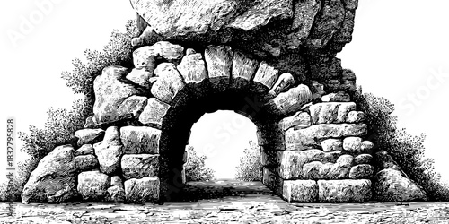 Medieval stone archway sketch - vintage hand-drawn decorative engraving for historical design