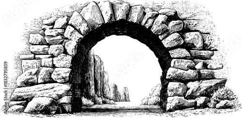 Medieval stone arch engraving with decorative elements for historical design