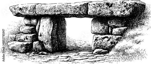 Medieval stone bridge engraving - vintage decorative hand drawn illustration for design projects