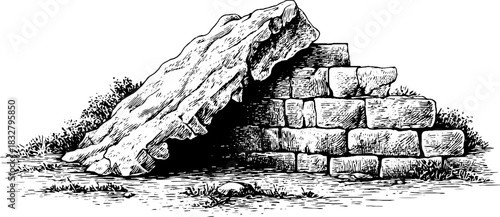 Medieval stone bridge engraving - decorative historic architecture design