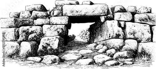 Medieval stone bridge illustration design for historical print or poster