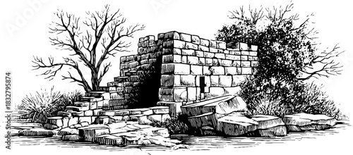 Engraved decorative illustration of a medieval stone gatehouse in a rustic landscape
