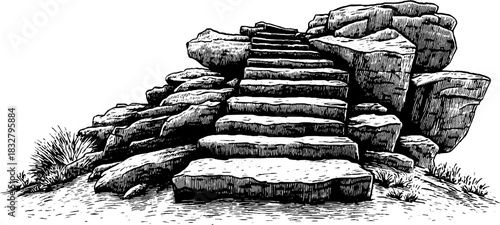 Engraved decorative illustration of a medieval stone staircase with rock surroundings