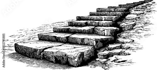 Medieval stone staircase engraving - vintage decorative illustration for historical design projects