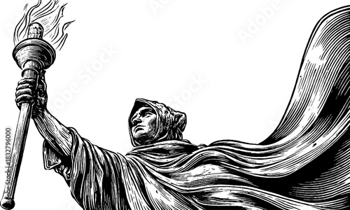 Medieval torch bearer in engraved decorative illustration for historical design