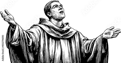 Medieval storyteller in engraved decorative illustration style