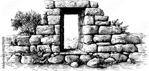 Medieval stone window engraving - architectural decorative art for historical design