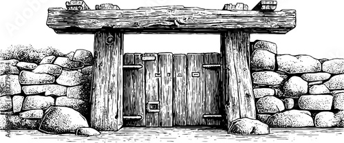 Engraved medieval village gate design for historical decoration and print use
