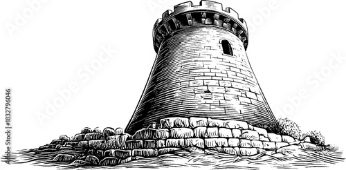 Engraved decorative illustration of a medieval village tower