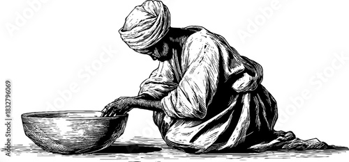 Medieval washerwoman engraving: vintage illustration for historical design and decor