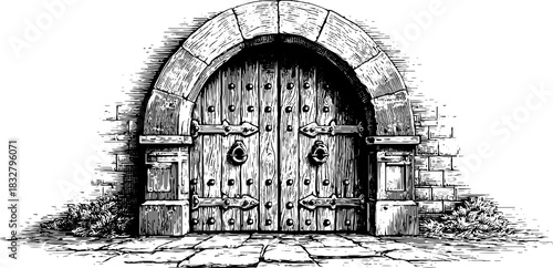 Medieval wooden door decorative engraving - classic architectural design