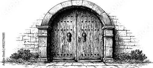 Ornate medieval wooden door engraving – vintage decorative design for historical setting