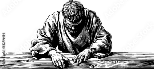 Medieval craftsman in woodworking workshop hand engraved art design