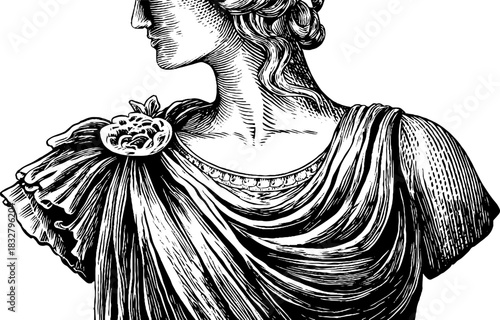 Vintage engraved illustration of a noble female statue with detailed drapery