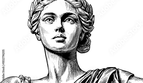 Noble female statue engraving design with classical decorative elements