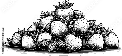 Engraved decorative illustration of a pile of ripe strawberries for vintage design