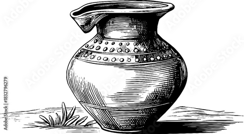 Decorative primitive ceramic jug engraving design for art and craft projects