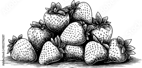Engraved decorative illustration of ripe strawberries pile for retro design and print