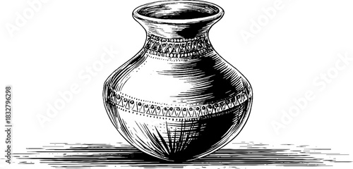 Engraved illustration primitive ceramic jug vintage sketch hand drawn engraving.
