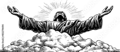 Engraved decorative illustration of a protective sky deity with outstretched arms and radiant light