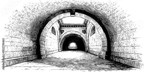 Renaissance archway sketch - decorative engraving illustration for design elements