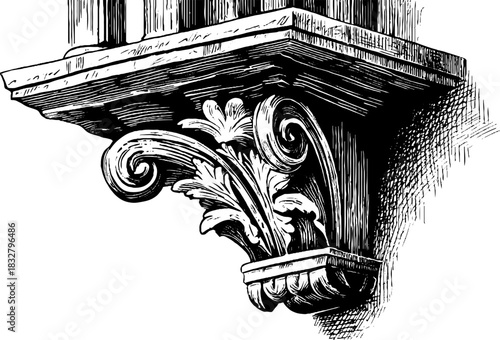 Renaissance balcony decoration: hand-drawn engraved architectural sketch for design projects