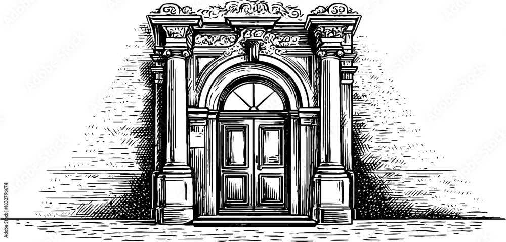 Fototapeta premium Engraved decorative illustration of a renaissance door frame design for architectural inspiration