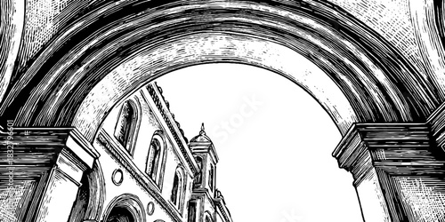 Intricate renaissance courtyard architecture featuring arched columns and decorative details