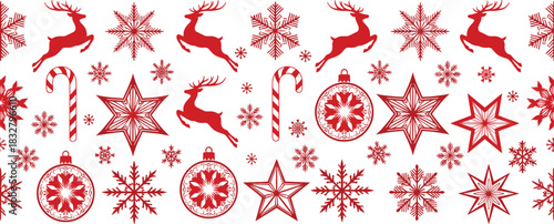 Red Christmas Pattern Featuring Reindeer, Snowflakes, Candy Canes, Stars, and Ornaments on White Background for Seasonal Holiday Decor