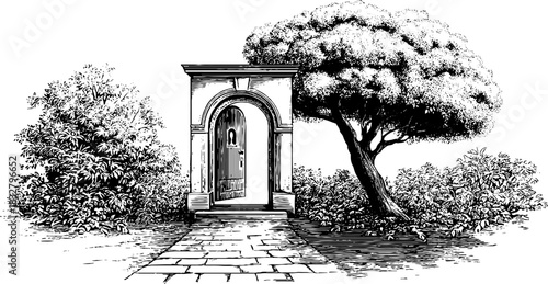 Renaissance decorative engraved illustration featuring an archway and tree sketch