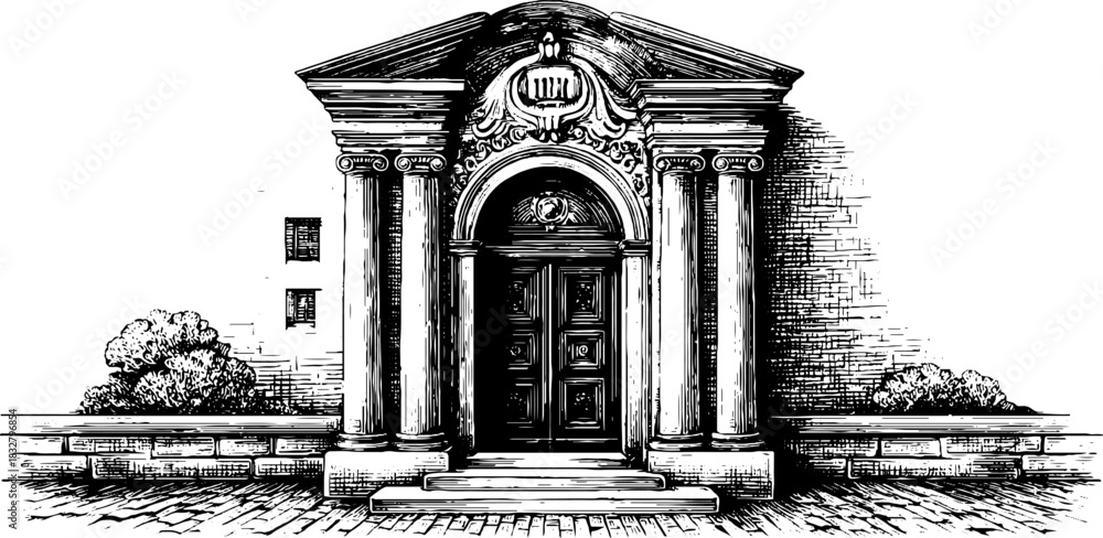 Fototapeta premium Engraved decorative illustration of renaissance ornamental architecture design for historical print