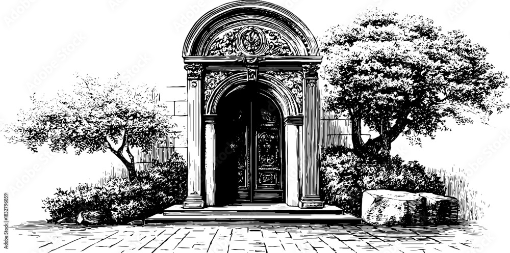 Naklejka premium Renaissance ornamental architecture engraving with decorative doorway and foliage