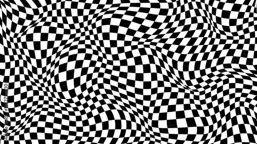 Optical illusion black and white wavy design. Abstract background for banner. Warped effect Y2k distorted pattern. Checkerboard psychedelic print. Vector illustration