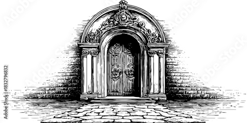 Engraved decorative illustration renaissance ornamental vintage sketch hand drawn engraving archway.
